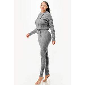 ZIP UP CABLE HOODIE SWEATER SET: HEATHER GREY / L