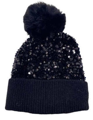 Black 92-9 Sequins Fake Fur Pom Beanie Hat LOOWIE