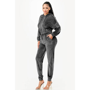 VELOUR HOODIE SET: DARK GREY / L